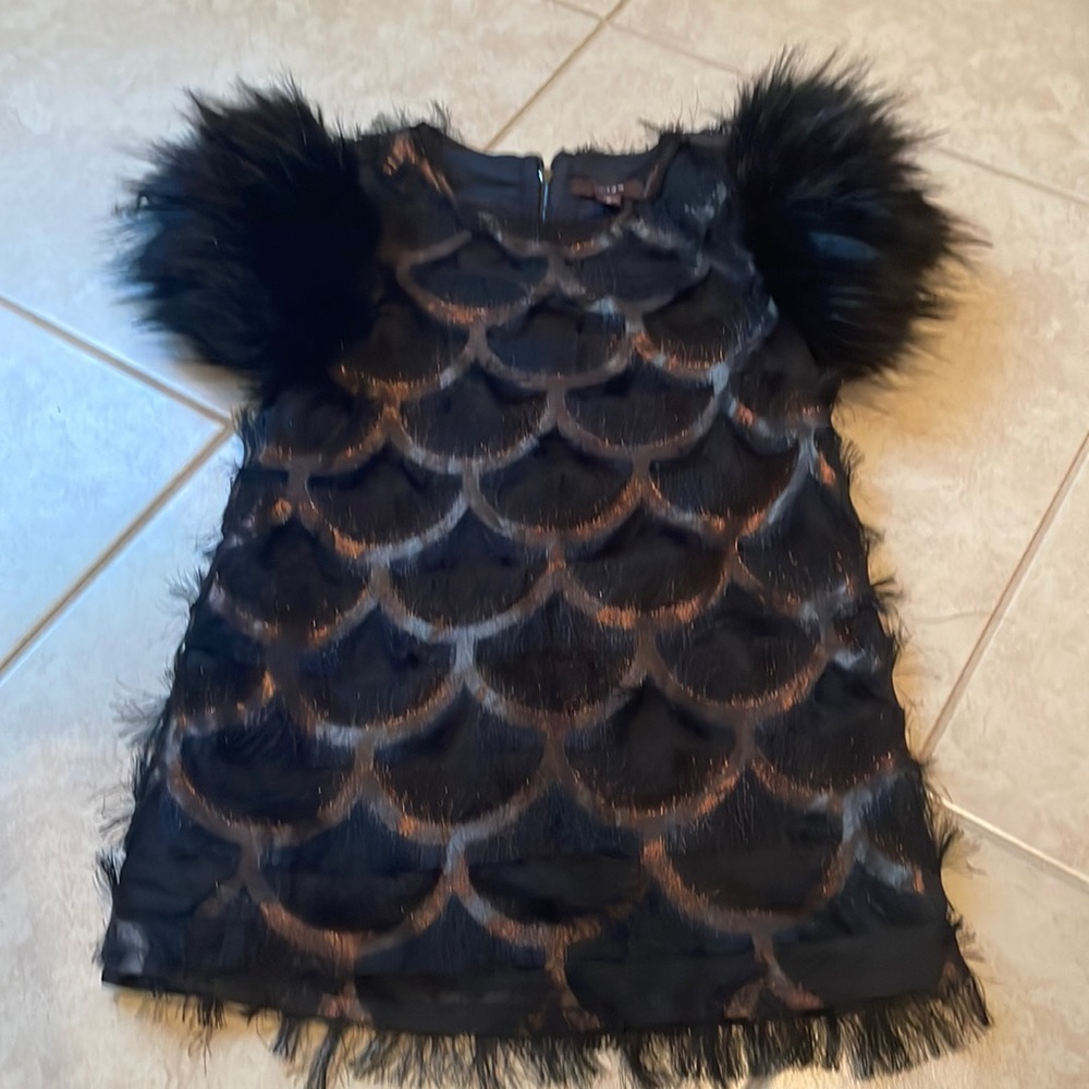 Black fur & fringe detailed party dress